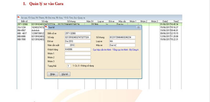 Giao diện quản lý xe vào trong phần mềm SIS GARA